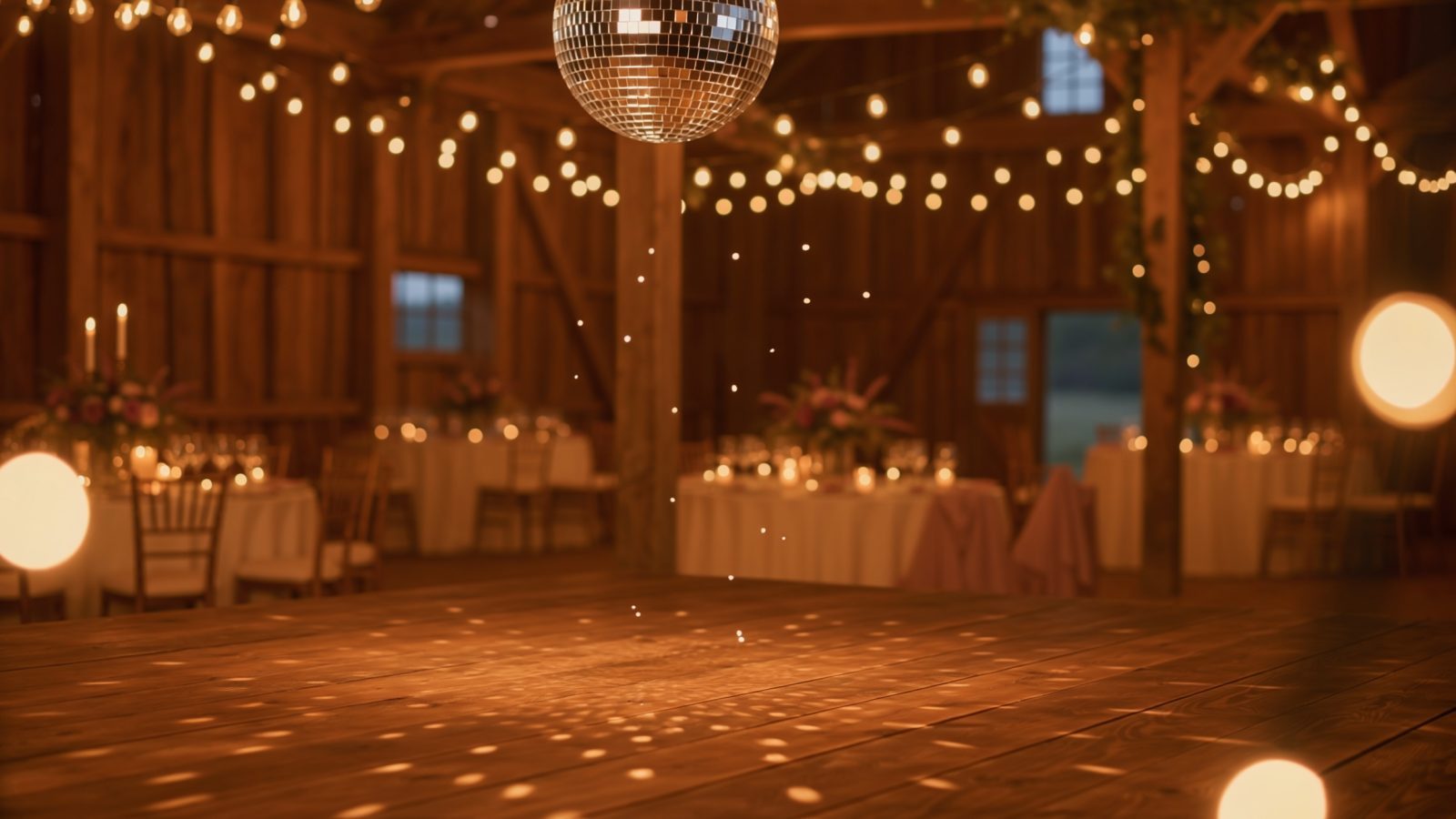 Leere Tanzfläche einer Hochzeitsfeier mit Discokugel und Lichterketten