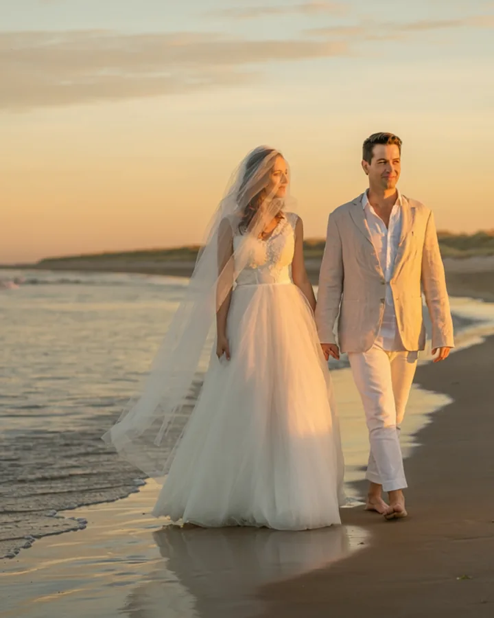 KI-Beispielmotiv: Hochzeitspaar am Strand