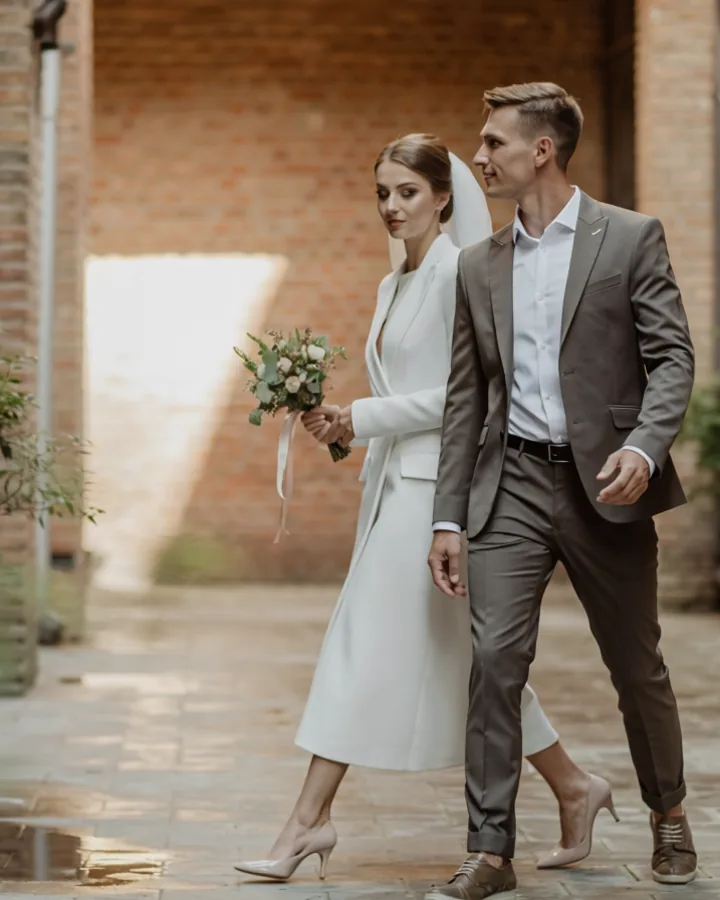 KI-Beispielmotiv: Hochzeitspaar in einem Innenhof