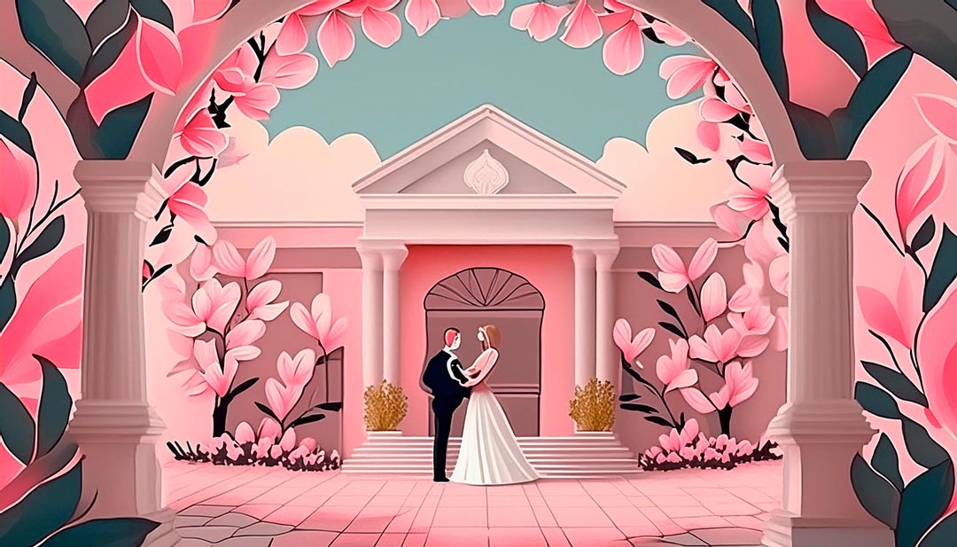 Hochzeitspaar vor romantischer Location mit Hochzeitsdekoration aus rosa Blumen, Hochzeitskleid und Ehering.