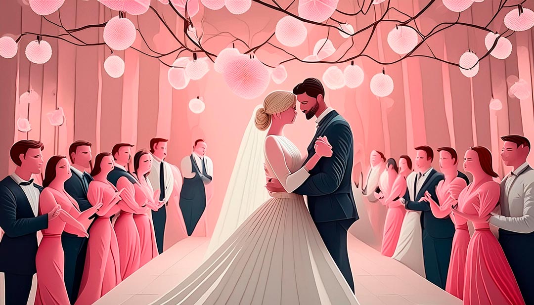 Braut und Bräutigam tanzen im Hochzeitskleid und Anzug, umgeben von Hochzeitsgästen und dekorativen Blumen.